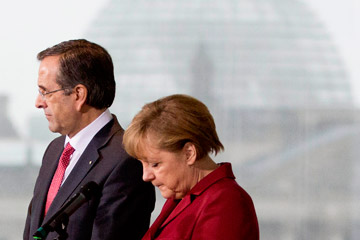 German Chancellor Angela Merkel, right, and Greek Prime Minister Antonis Samaras at the Chancellery in Berlin on Jan. 8