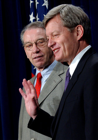  

Senator Max Baucus, D-Mont., right, and Senate Finance Committee Chairman Charles Grassley, R-Iowa, discuss the committee's approval of prescription drug coverage for millions of Medicare recipients during a news conference on Capitol Hill Friday, June 13, 2003. Baucus said the legislation will win congressional passage and "the president is going to sign it."
 